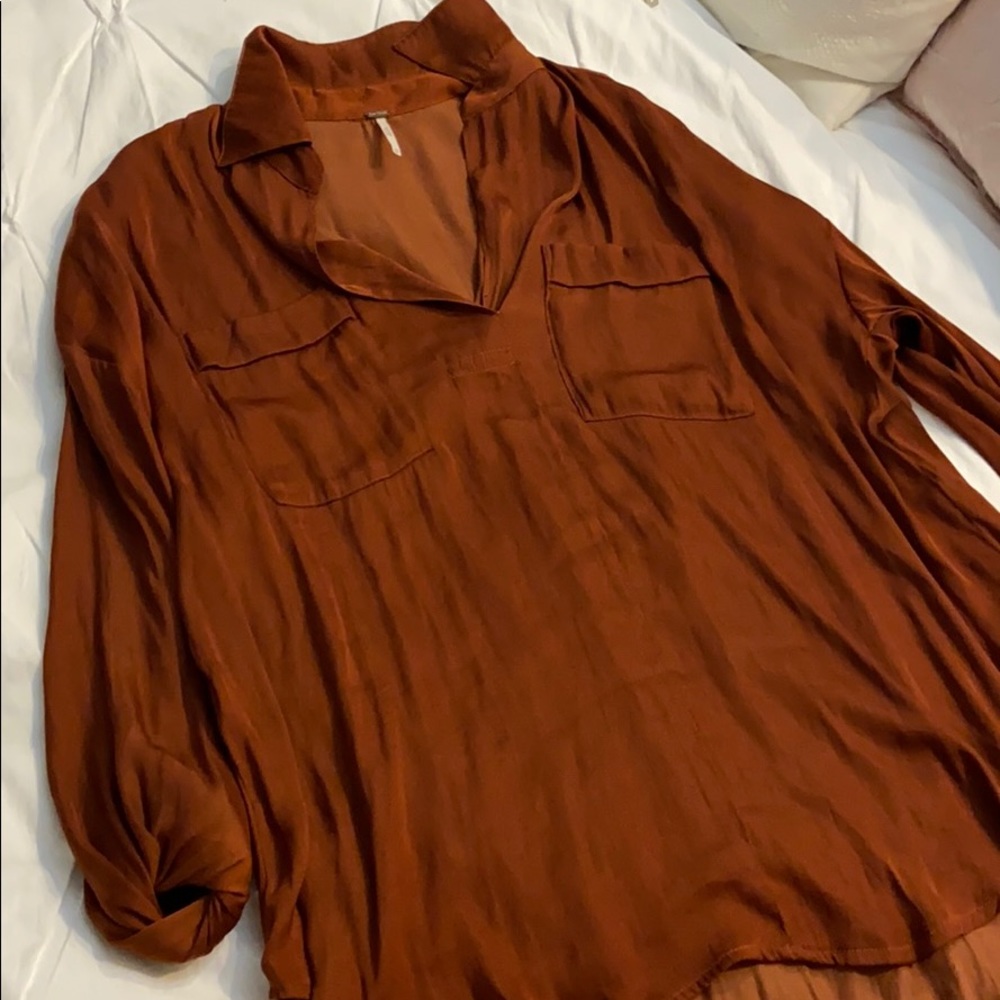 Free People Oversized Faux Silk Long Sleeve Blouse